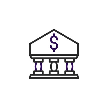 Finansal veya ekonomik çizimler için uygun, belirgin bir para birimi sembolüne sahip bir bankanın stilize tasviri. Basit tasarım onu web siteleri, sunumlar ve ilgili finansman için uygun hale getiriyor