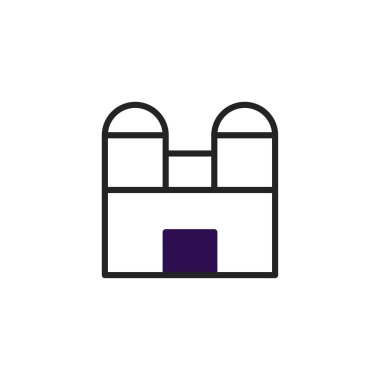 Bu minimalist mimari tasvir simetrik özelliklere sahip bir bina tasvir eder. Yuvarlak kuleler üst köşeleri süslüyor, girişi vurguluyor. Basitleştirilmiş geometrik tasarım