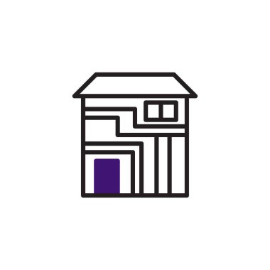 Bu, temiz çizgilere ve minimalist estetiğe odaklı iki katlı bir evin basitleştirilmiş, geometrik bir çizimi. Çarpıcı mor kapı siyahlara bir neşe katıyor.