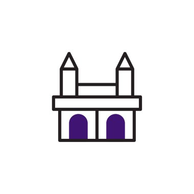 Modern stilize edilmiş mimari bir ikon. Resimde, temiz çizgiler ve canlı bir renk şemasına sahip tarihi bir köprü tasvir ediliyor. Geometrik tasarım çeşitli şekillerde görsel bir sembol oluşturur.