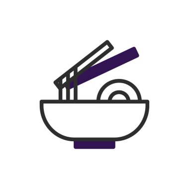 Bu minimalist illüstrasyonda Asya mutfak geleneklerini temsil eden çubuklu bir kase erişte sergileniyor. Grafik biçimi temiz çizgiler ve basit bir renk paleti kullanır.