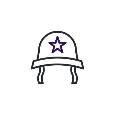 Minimalist bir illüstrasyonda, göze çarpan bir yıldızla süslenmiş bir kask, askerlik hizmeti ve ihtiyatlı bir hazırlık hissi uyandırıyor. Tasarım basit ve doğrudan, görevi sembolize etmek için ideal.,