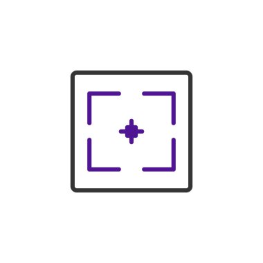 Merkezinde çapraz gölgesi olan kare bir hedefi tasvir eden bir ikon hassasiyeti ve odaklanmayı öneriyor. Tasarım temiz ve modern, arayüzlerde, navigasyon sistemlerinde veya görsel sistemlerde kullanım için ideal