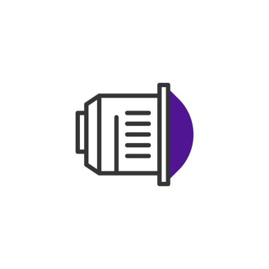 Bir minimalist doğrusal illüstrasyon belirgin mor dairesel elemente sahip lens benzeri bir yapı sergiliyor. Biçimlendirilmiş tasarım, fotoğraf, teknoloji ve görsel ile ilgili kavramları iletir