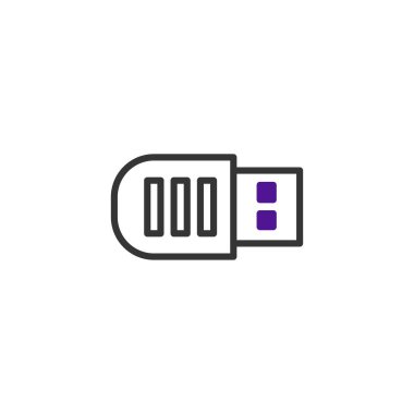 Siyah hatlı ve modern renk aksanlı bir USB sürücünün minimalist simgesi. Bu resim basit ve şık bir grafik tasarımında veri depolama, teknoloji ve dijital bağlantıyı temsil eder..