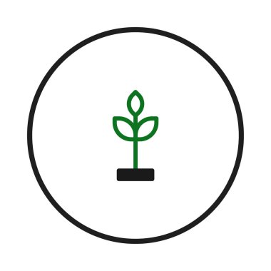 Basit bir vektör illüstrasyonu, siyah bir çemberin içinde saf beyaz bir zemin üzerine kurulmuş, koyu bir tabandan çıkan küçük yeşil bir bitkiyi tasvir eder. Bu temiz tasarım büyümeyi temsil ediyor,