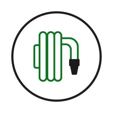 Temiz ve minimalist bahçe hortumu grafiği, sulama, peyzaj ya da su erişimi için mükemmel. İkonda dairesel bir dış hatla çevrili yeşil bir hortum var. İdeal