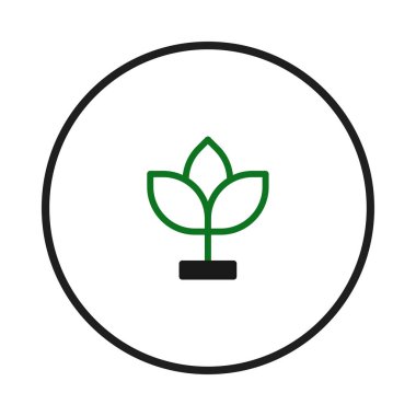 Küçük bir tabandan büyüyen üç yapraklı yeşil bitkinin minimalist bir çizimi, siyah bir çember içinde, büyümeyi, doğayı ve sürdürülebilirliği sembolize ediyor, temiz, çağdaş bir tasarım için
