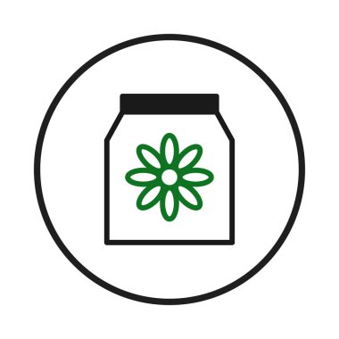 Küçük bir vektör illüstrasyonunda, dairesel bir çerçeveyle kapsüllenmiş biçimlendirilmiş basit bir çiçek tasarımı gösterilir. Bu görsel tasvir çevresel gibi temaları ima eder