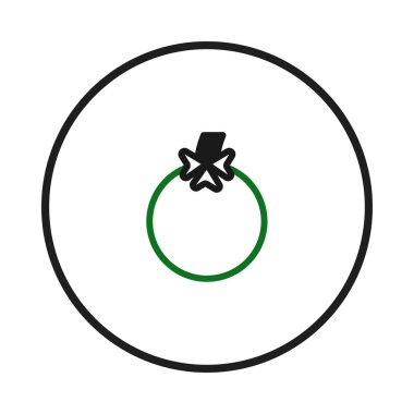 Bu resim bir domatesin stilize edilmiş tasvirini sunar. Siyah bir çember çizgisi içinde çevreci yeşil bir şekil, üst kısmında basit bir yonca sembolü ile süslenmiş domatesin gövdesini gösterir..