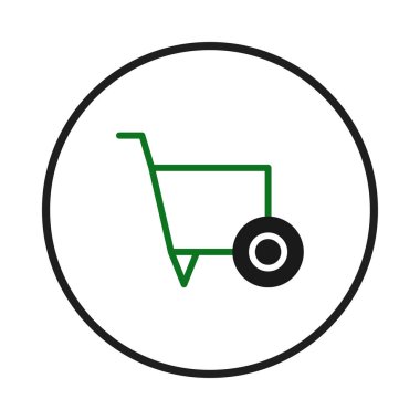Temiz, minimalist bir grafik, siyah dairesel bir sınır içinde yeşil bir alışveriş arabası sembolü tasvir ediyor. Tasarım basit, modern ve kolayca tanınabilir, çevrimiçi perakende arayüzlerinde kullanıma uygun.