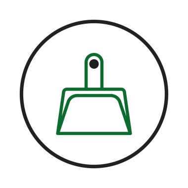 Siyah kenarlı beyaz bir çember içinde, ev işleri, atık temizliği ve temizliği temsil eden, beyaz arka planda merkezli yeşil bir faraş içeren bir ikon. Şey...