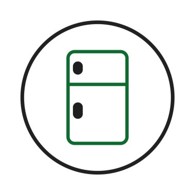 Minimalist bir illüstrasyon, temiz beyaz bir zemin ve daire şeklinde duran yeşil bir hatla çizilmiş bir buzdolabı sunar. Bu basit resim, mutfak aletlerinin, ev eşyalarının bir görüntüsünü iletiyor.