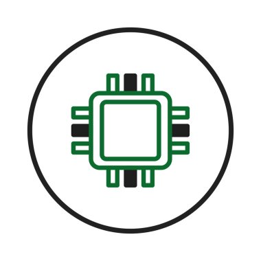 Bu resim, modern elektronik devre ve teknolojik gelişmeyi temsil eden dairesel bir sınır içinde biçimlendirilmiş bir mikroçip ikonunu temsil etmektedir. İnovasyon, kusursuz veri işleme ve