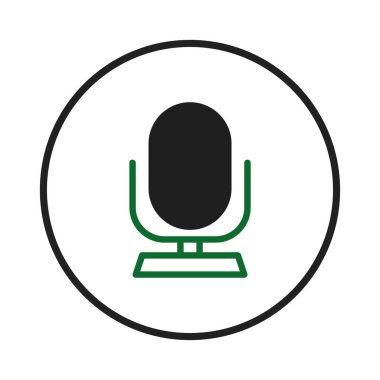 Siyah ve yeşil çizgili bir mikrofonun ses yakalama teknolojisi ile çevrelenmiş modern minimalist simgesi. Podcast, ses kaydı, online iletişim ve...