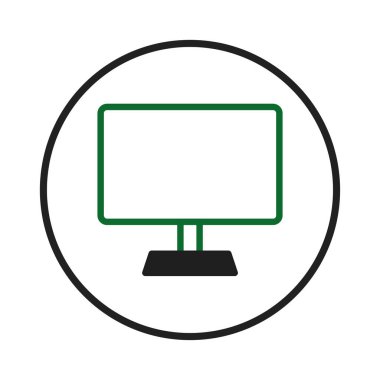 Siyah tabanlı ve yeşil çerçeveli bir bilgisayar monitörünü gösteren minimalist bir simge, siyah bir çemberin içinde. Bu resim hesaplamayı, teknolojiyi, dijital çalışma alanını sembolize eder ve modern