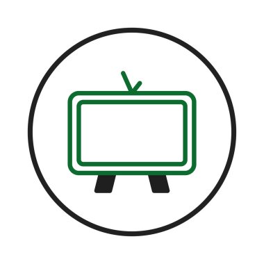Televizyon setini gösteren basit, minimalist, yeşil ve siyah bir ikon. Yayın, medya veya görsel eğlenceyi temsil etmek için harika bir grafiksel illüstrasyondur. Temiz tasarım...