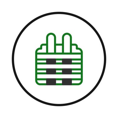 Çember içinde yeşil ve siyah çizgiler bulunan bir elektrik dolgu sembolünün minimalist vektör çizimi. Tasarım bir güç ve bağlantı hissi uyandırıyor ve grafik öğe olarak kullanılabilir.