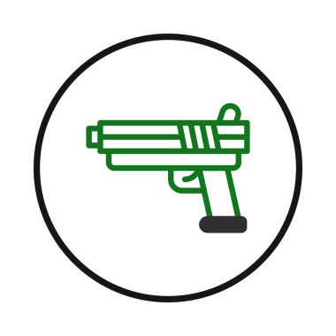 Sitilleşmiş ateşli silah sembolü, güvenlik, risk ve kolluk kuvvetleri gibi fikirlerin taşınması. Taslak biçimi, dijital medyada kullanmak için tasarlanmış olup, doğrudan görsel bir sunum sunar