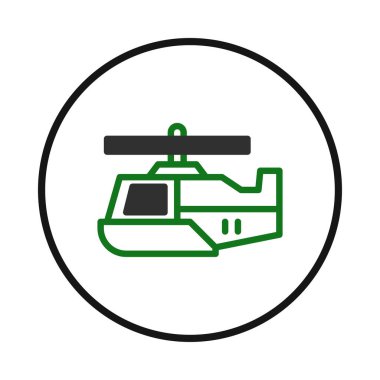 Bu resim, dairesel çerçevedeki bir helikopterin temiz, modern, vektör çizimini sunar. Helikopter tasarımı basitleştirildi, tanımlama için yeşil ve siyah çizgiler kullanılıyor, uygun hale getiriliyor.