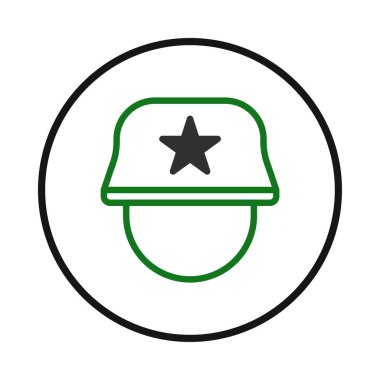 Siyah bir çemberin içindeki yıldızla süslenmiş askeri bir miğferin gösterimi. Bu simge vatanseverliği, savunmayı ya da savunmayı sembolize etmek için idealdir.