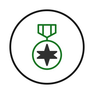 Bu illüstrasyon, başarı ve tanınmayı sembolize eden bir ödül veya madalya tasvir etmektedir. Dairesel formdaki merkezi yıldızı ayrım, başarı ve zafer hissini iletir. Temiz.