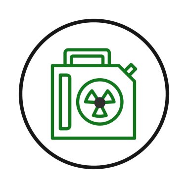 Radyoaktif materyali temsil eden biçimlendirilmiş bir grafik, kirlilik ve kirlilikle ilgili çevresel tehlikeleri ve endüstriyel kaygıları simgeler. Amblem bir uyarı görevi görüyor.