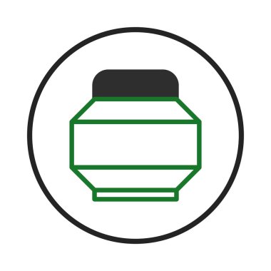 Temiz çizgilerle tanımlanmış geometrik bir tasarıma sahip bir kap veya kavanozun basit bir çizimi sunulmaktadır. Renk şeması yeşil ve siyahla sınırlıdır, modern ve minimal