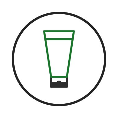 Minimalist bir illüstrasyonda, modern çağda kozmetik ürünleri ve güzellik rutinlerini sergilemek için ideal siyah bir daire ile kaplanmış, yeşil kaplamalı bir cilt kremi tüpü sergilenir.