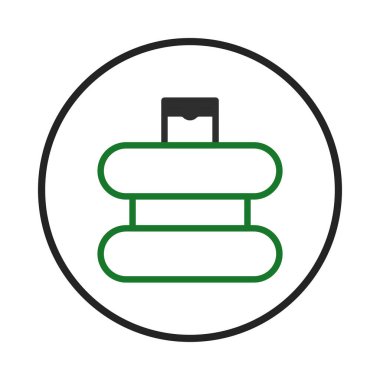 Siyah çizgili bir dairenin içindeki şekillendirilmiş geometrik çantanın minimalist siyah ve yeşil simgesi. Tasarım, bir bavul veya bavul için uygun hale getirmek için basit çizgiler ve şekiller içerir.