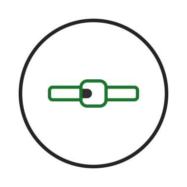 Minimalist bir illüstrasyonda, siyah ve yeşil bir kemer tokası yer alır. Kalın siyah bir çemberin ortasında, düz beyaz bir zemin üzerine kurulmuştur. Bu aerodinamik ve temiz tasarlanmış resim,