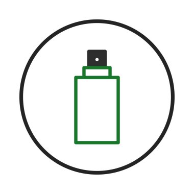 Yeşil ve siyah çizgilerle tasarlanmış bir parfüm şişesi ikonu içeren minimalist bir illüstrasyon. Dairesel bir çerçeve içinde, zarafeti ve modernliği temsil ediyor, temsil etmek için ideal.