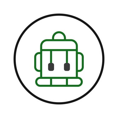 Beyaz arka planda yeşil ve siyah bir sırt çantası amblemi bulunan minimalist bir sanat çizgisi çizimi. Bu tasarım basit bir şekilde seyahat, macera ve açık hava ruhunu çağrıştırıyor.,