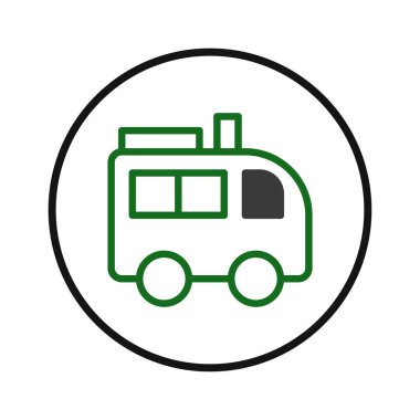 Otobüsü temsil eden temiz, modern bir ikon, beyaz arka planda yeşile boyanmış. Bu stilize edilmiş araç ulaşım, ekolojik dostluk ve yolculuk temalarını ortaya koyuyor. Tam oldu.