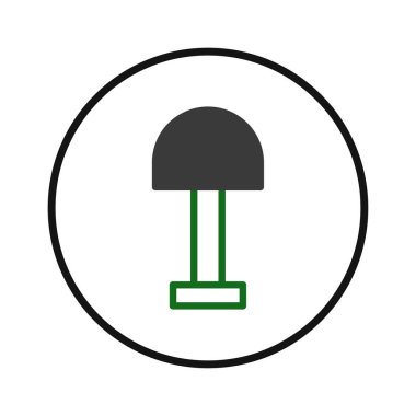 Siyah ve yeşil renkli bir bahçe küreği ikonunun minimalist bir çizimi, temiz dairesel bir çerçeveyle çevrili. Tarımsal araçları, bahçıvanlık faaliyetlerini veya ekipmanları temsil eder, kullanım için mükemmeldir