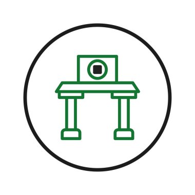 Minimalist bir vektör illüstrasyonunda, dairesel çerçeve içinde yeşil çizgiler halinde sunulan basit bir masa kurulumu gösterilir. Tasarım, bir simge veya bir simge olarak kullanmak için ideal, modern ve temiz bir estetik taşır