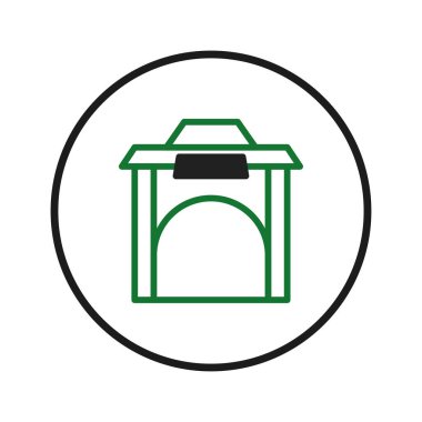 Yeşil ve siyah bir çemberin içinde düz bir arkaplan üzerine kurulmuş mimari bir yapının minimalist grafik çizimi. Tasarım, temiz ve modern bir mimari sunar.