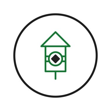 Temiz ve minimalist bir illüstrasyonda dairesel bir çerçevenin içinde yer alan basit bir mimari hatlara sahip bir kuş evi sergileniyor. Bu tasarım modern tasarım ilkeleriyle geometrik olarak harmanlanır