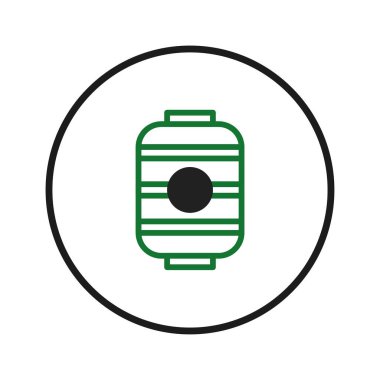 Bir minimalist illüstrasyonda yeşil çizgilerle tanımlanmış bir tank simgesi ve dairesel bir sınır içindeki katı siyah bir merkez yer alıyor. Temiz ve doğrusal tasarımı deponun şematik bir temsilini sunar