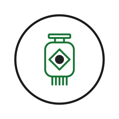 Temiz ve grafik bir şekilde çizilmiş bir Asya fenerinin tasviri, katıksız beyaz bir daire içinde izole edilmiştir. Parlak yeşille özetlenmiş fener, siyah detaylar ve bir