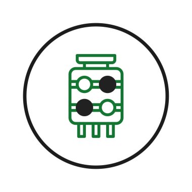 Yeşil çizgi illüstrasyonunda dairesel sınır içinde bir devre bileşeni gösteriliyor. Tasarım teknoloji, donanım ve elektrik parçalarını temsil eder, mühendislik veya teknik işlemler için mükemmeldir.