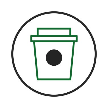 Yeşil hatları temiz olan biçimlendirilmiş bir kahve fincanı simgesi, minimalist bir tarzda sunulur, beyaz arka planda ayarlanır ve siyah bir çemberin içine yerleştirilir. Tasarım basitliğe odaklanıyor,