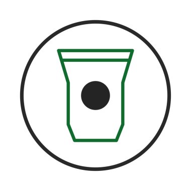 Çarpıcı derecede basit ve modern bir ikon, siyah dairesel bir sınırda, yeşil ile özetlenmiş tek kullanımlık bir kahve bardağına sahiptir. Tasarım minimalizmi vurguluyor ve kolaylığı temsil ediyor.