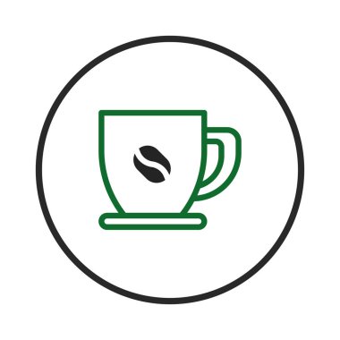 Yeşil çizgili kahve fincanı ve kahve çekirdeği sembolü içeren temiz ve modern bir grafik. Tasarım minimalist ve markalaşma amaçlı, bir kahve dükkanını temsil etmek için uygun.
