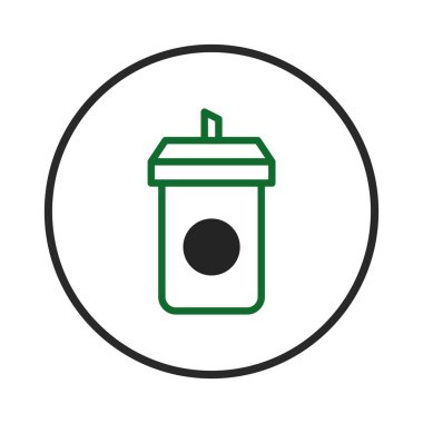 Minimalist bir illüstrasyonda, kolaylığı ve modern yaşam tarzını sembolize eden daire içinde bir kahve fincanı sergileniyor. Bu grafik simgesi, çağdaş içeceğin hızlı tempolu doğasını temsil eder.