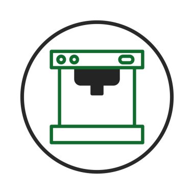 Minimalist bir illüstrasyonda, ev teknolojisini temiz bir estetik ile harmanlayan dairesel çerçeve içinde bir kahve makinesi tasarımı yer alır. İkonumsu yorumlar kahve kültürünü ve sabahları yakalar.