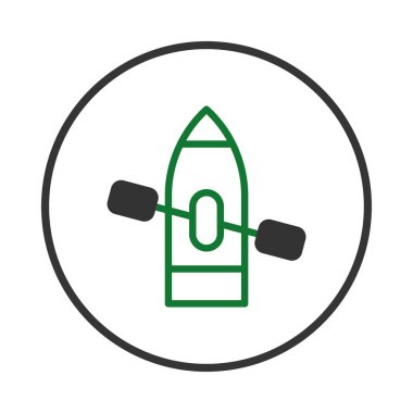 Minimalist bir vektör illüstrasyonunda dairenin içinde küreği olan yeşil çizgili bir tekne bulunur. Görüntü seyahat, turizm, macera, boş zaman ve deniz teması kavramlarını aktarıyor.