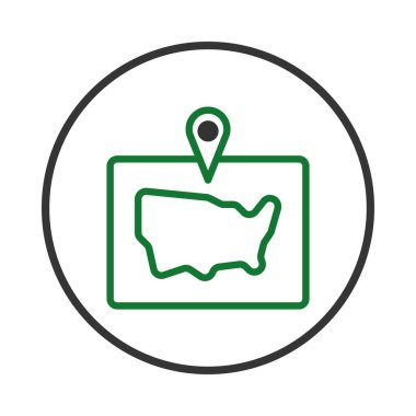 Amerika 'nın ana hatlarını gösteren bir simge kare çerçevede, nokta nokta konum simgesi ile işaretlenmiş. Bu tasarım seyahat planlamasını, coğrafi keşfi ve hedeflenmiş hedefi temsil eder.