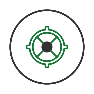 Bu, merkezi odak noktası olan yeşil bir çember dizaynı içeren soyut geometrik bir çizim. Bir hedefe doğru hassasiyet, doğruluk ve stratejik nişan almayı içerir. Minimalist stil