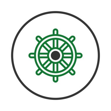 Dairesel bir sınır içinde, liderliği, navigasyonu ve rehberliği sembolize eden bir gemi çarkının olduğu minimalist bir illüstrasyon. Tasarım, denizcilik maceraları, yolculuklar ve...